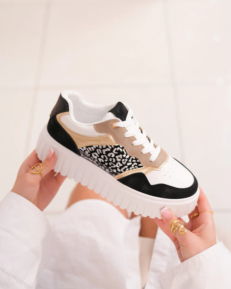 Basket noire et blanche pour femme avec imprimé léopard et touches dorées