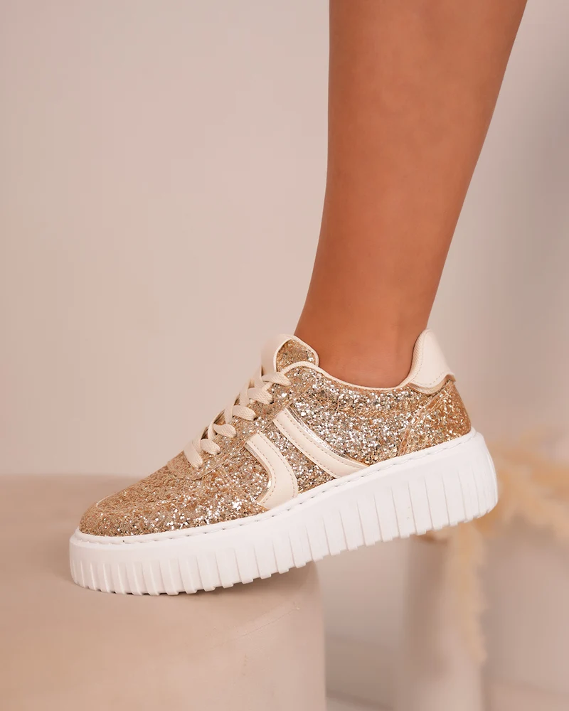 Basket femme pailletée dorée avec rayures beiges et semelle blanche