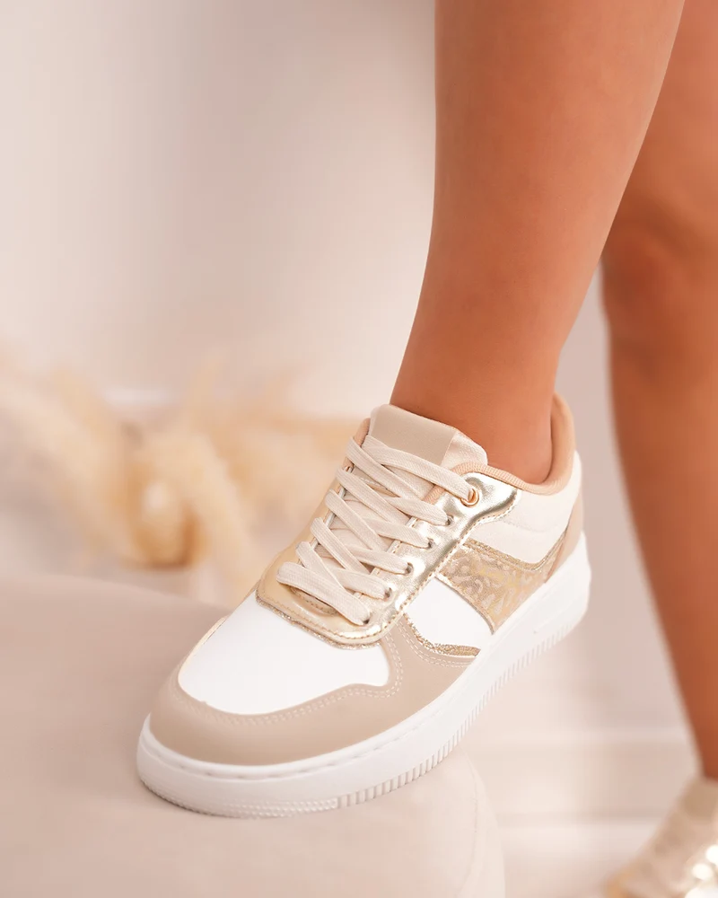 Basket femme blanche et beige élégante avec détail léopard doré