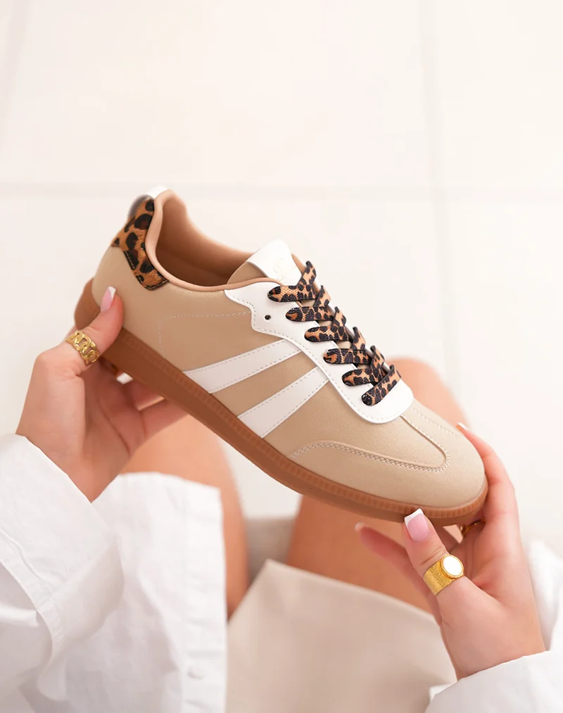 Baskets femme FINDLAY beige à lacets léopard et détails rayés tendance