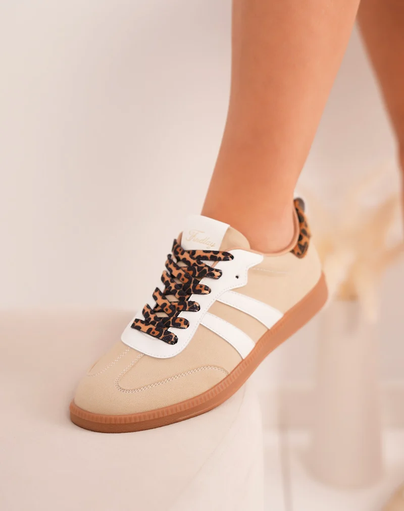 Baskets femme FINDLAY beige à lacets léopard et détails rayés tendance