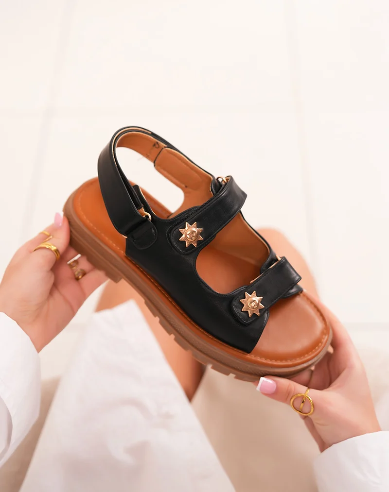 Sandales FINDLAY femme noires à double brides et détails soleil bronze