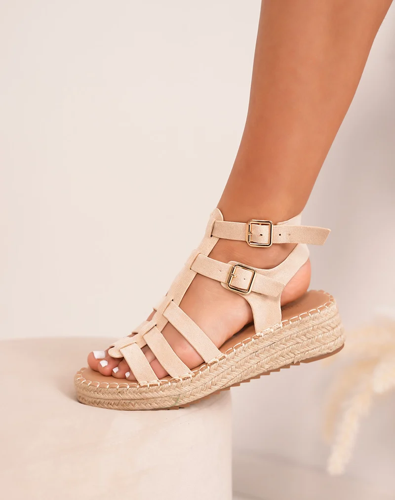 Sandales compensées FINDLAY femme beige en suédine à lanières et semelle corde
