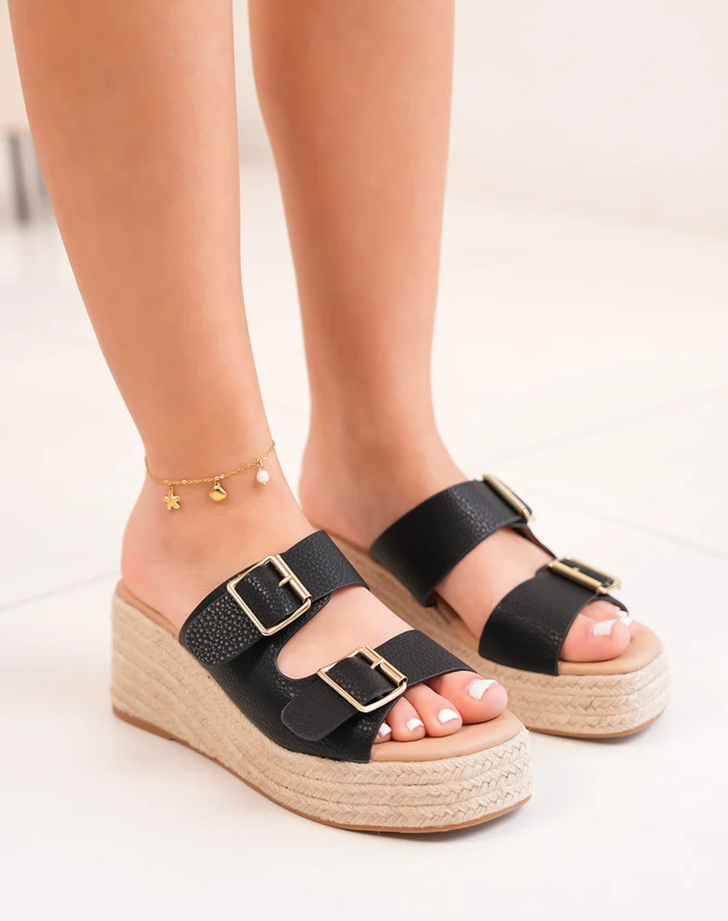 Mules FINDLAY femme noires à brides effet grainé et talon compensé brodé