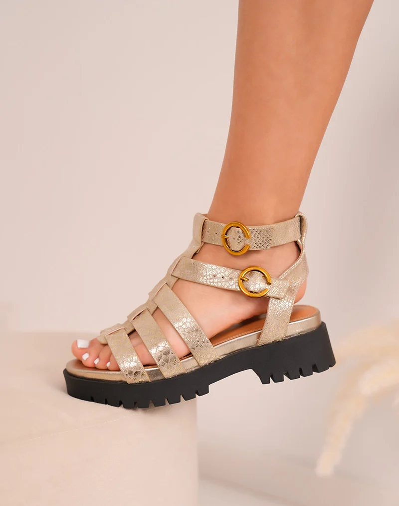 Sandales FINDLAY femme dorées irisées effet croco à brides épaisses et semelle crantée