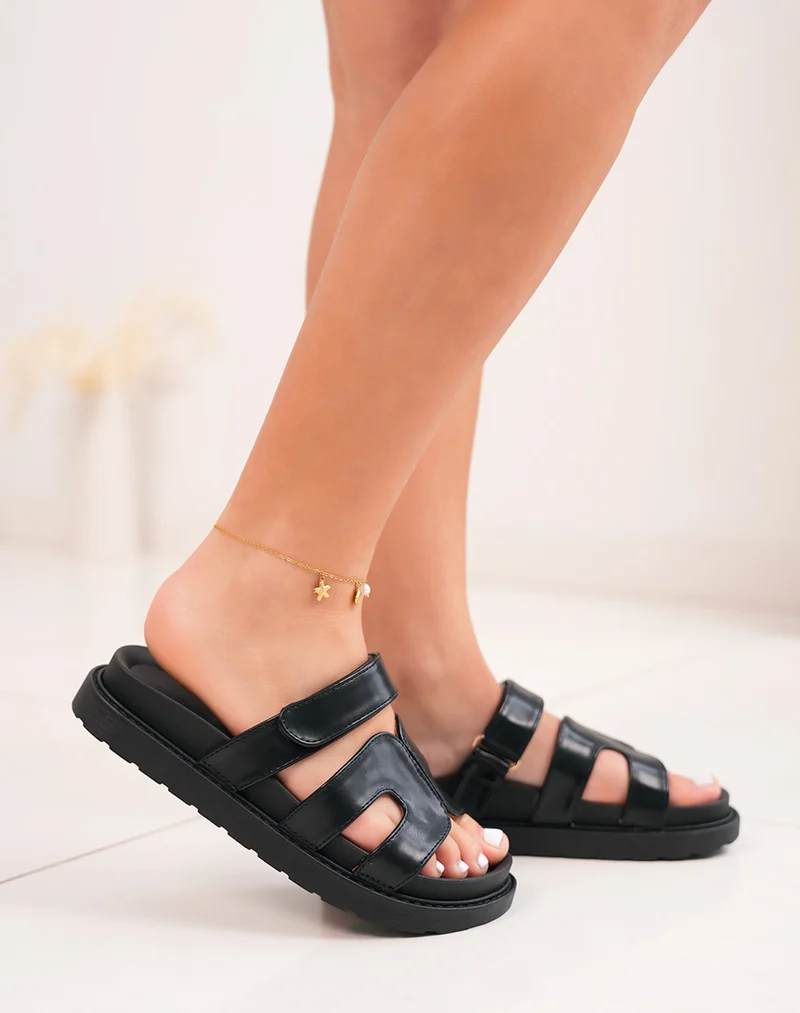 Mules femme noires à bride en H avec scratch ajustable et plateforme épaisse