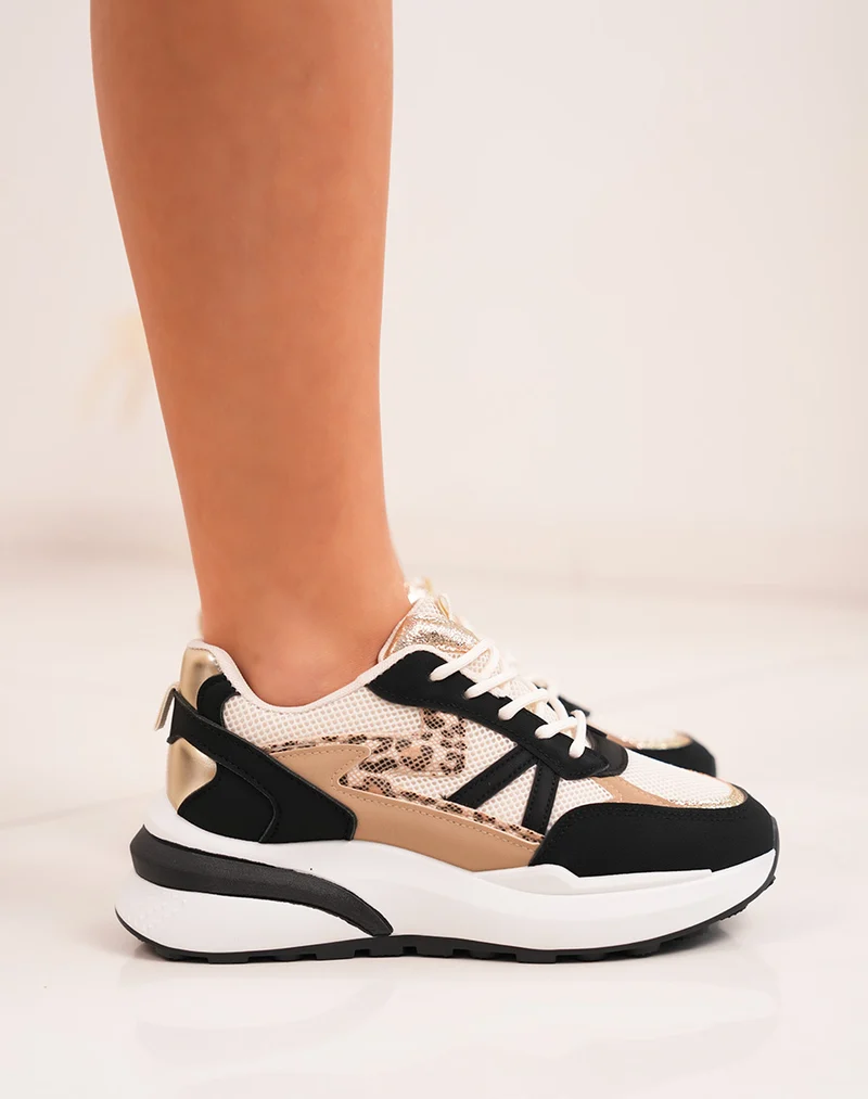 Baskets femme noires tendance avec touches dorées et imprimé léopard