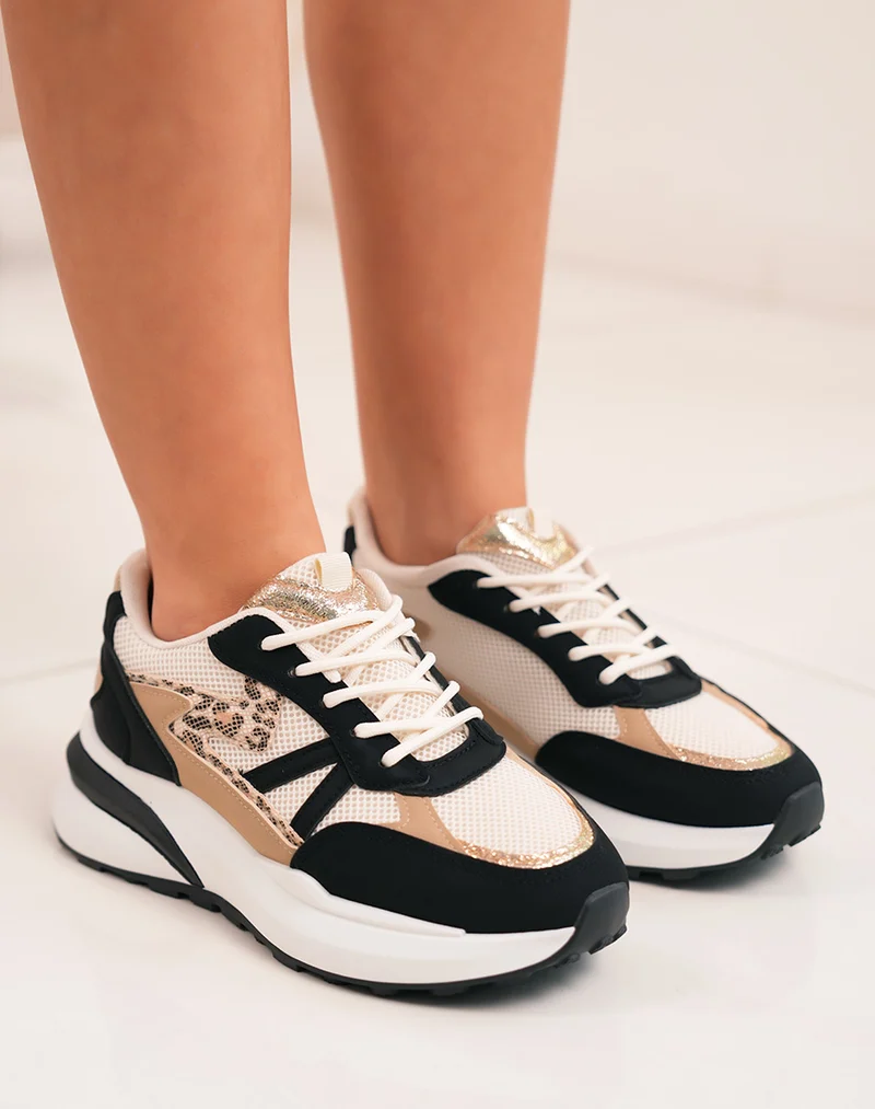 Baskets femme noires tendance avec touches dorées et imprimé léopard