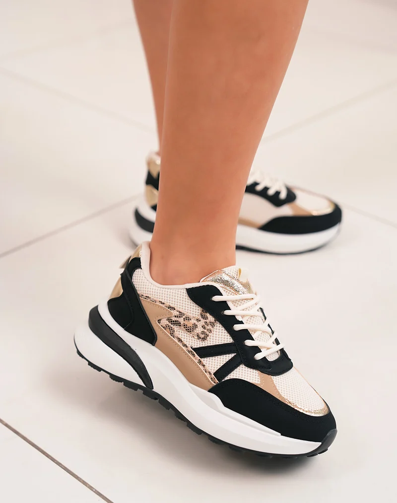 Baskets femme noires tendance avec touches dorées et imprimé léopard