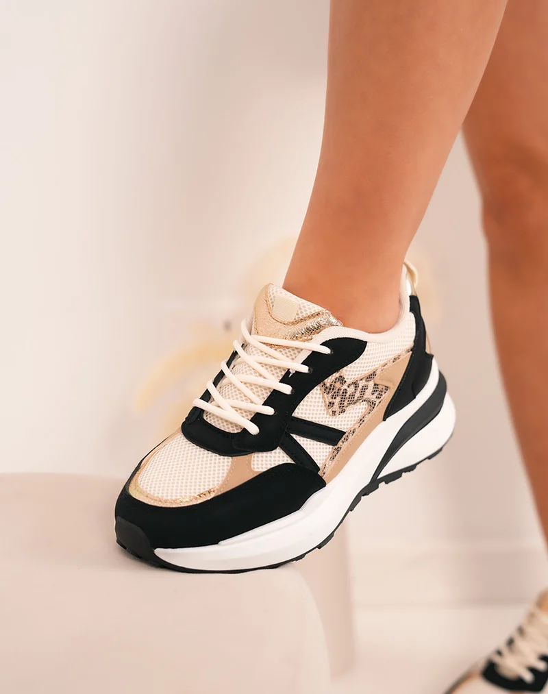 Baskets femme noires tendance avec touches dorées et imprimé léopard