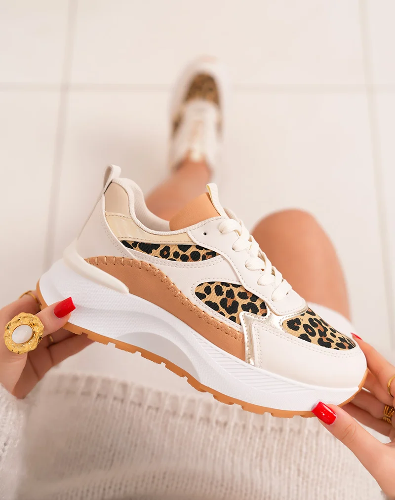 Baskets femme blanches tendance à imprimé léopard et plateforme épaisse