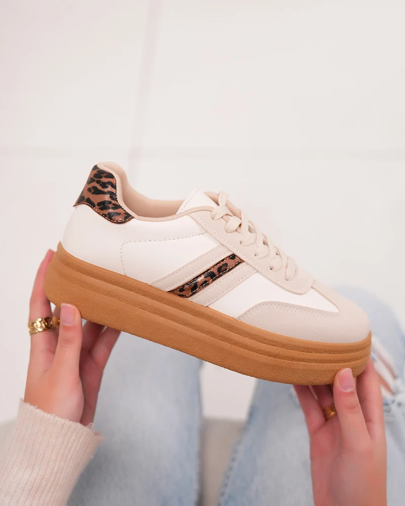 Basket femme beige avec détails léopard et plateforme marron tendance