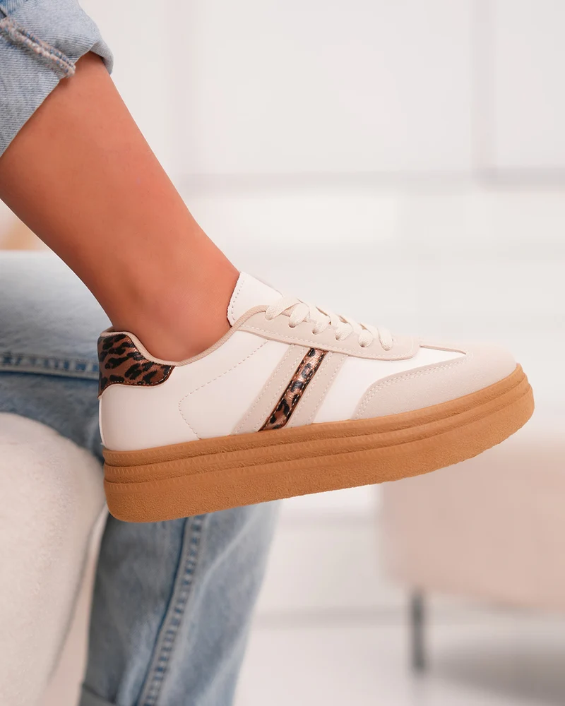 Basket femme beige avec détails léopard et plateforme marron tendance