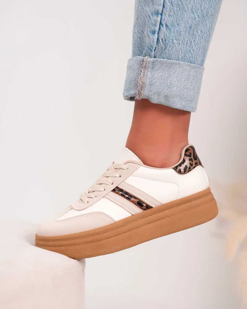 Basket femme beige avec détails léopard et plateforme marron tendance