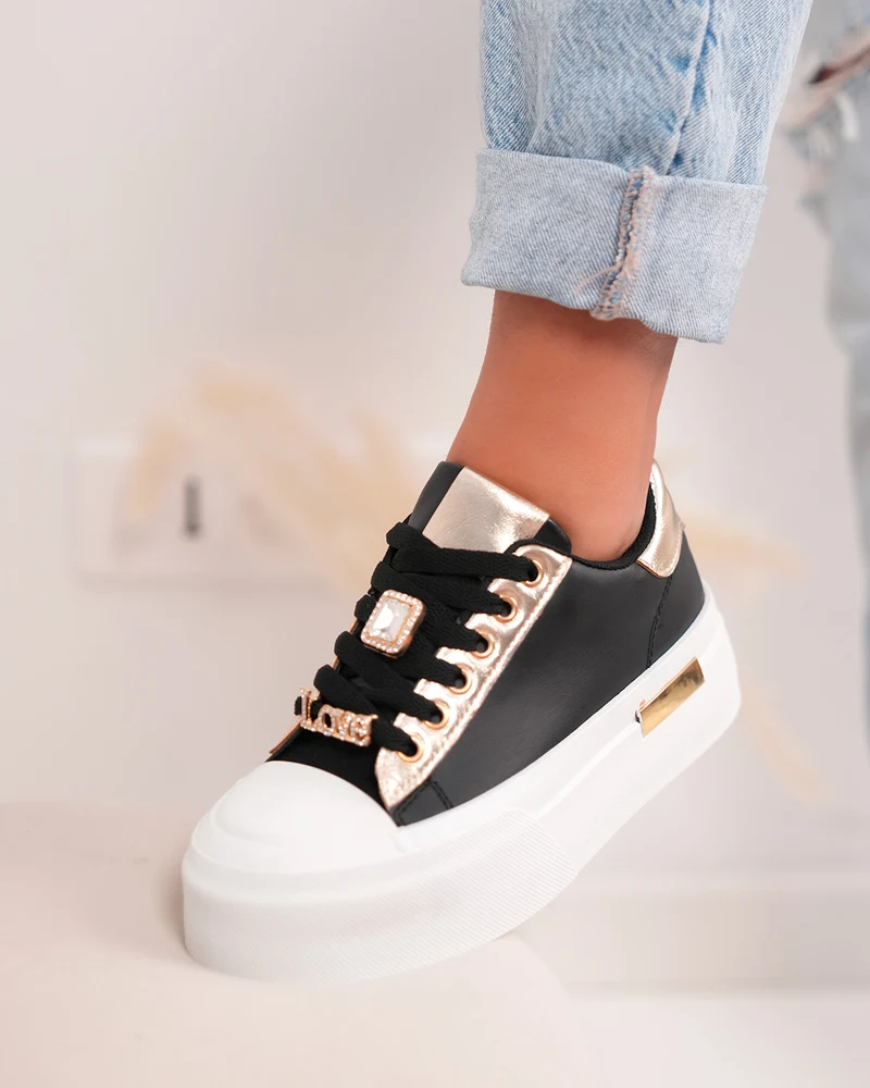 Basket femme noire chic avec strass dorés et plateforme tendance