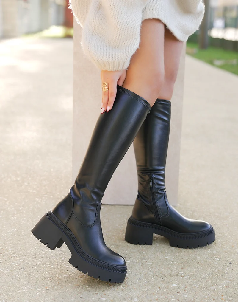 Bottes femme noires effet chaussette avec semelle crantée et talon de 6 cm