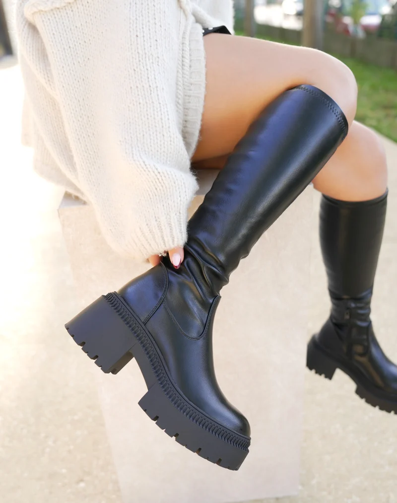 Bottes femme noires effet chaussette avec semelle crantée et talon de 6 cm