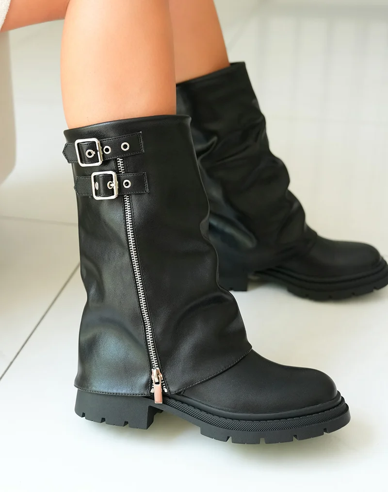 Bottines Noires Femme à Semelle Crantée avec Détails Boucles