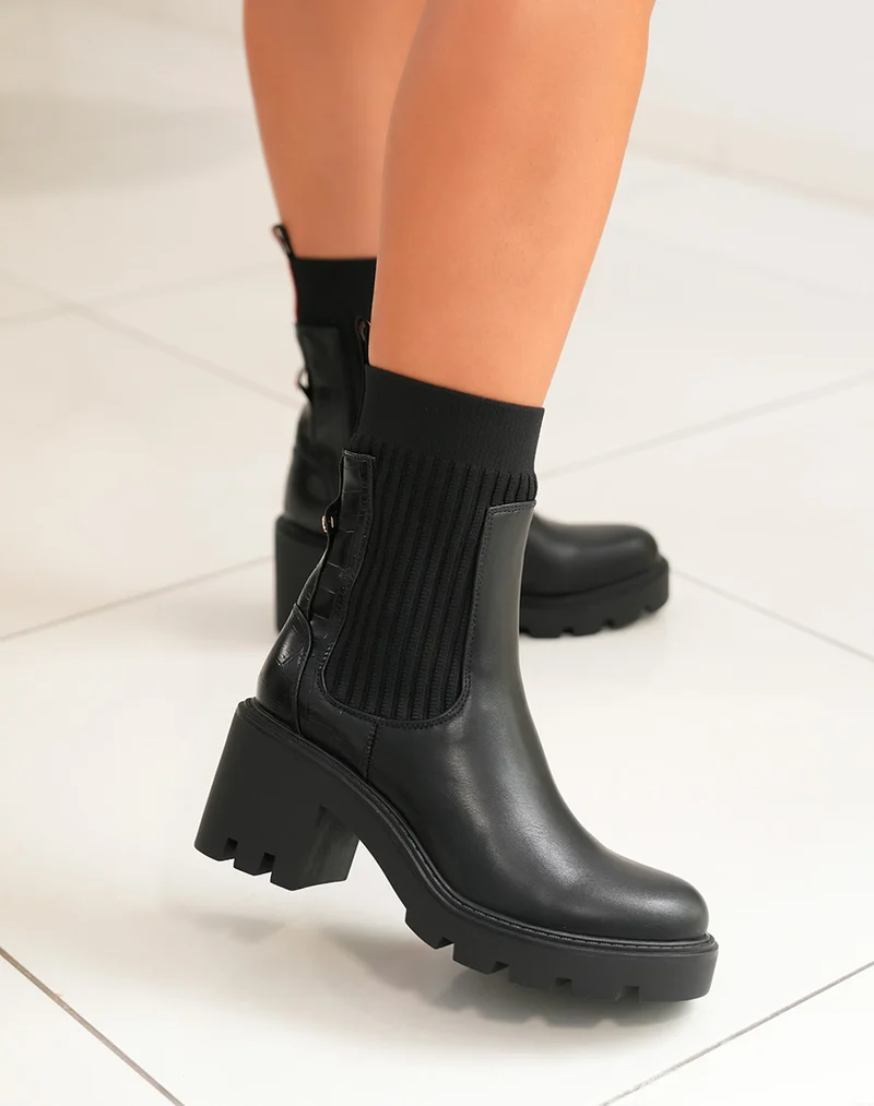 Bottines noires bi-matière style chelsea à talon