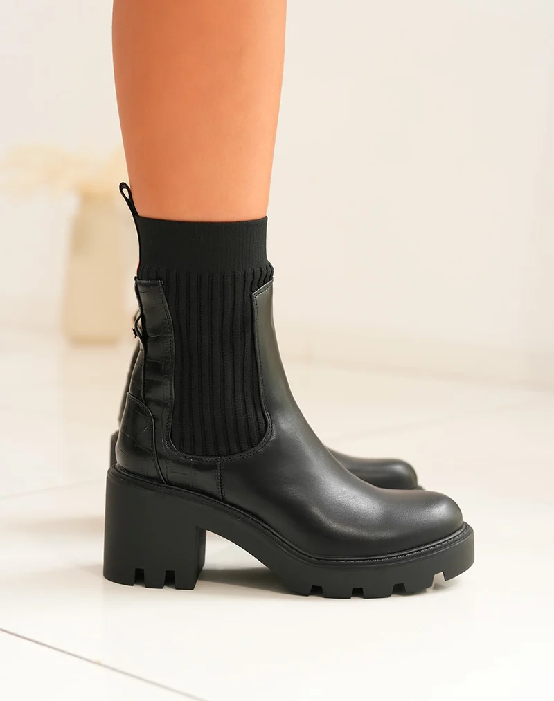 Bottines noires bi-matière style chelsea à talon