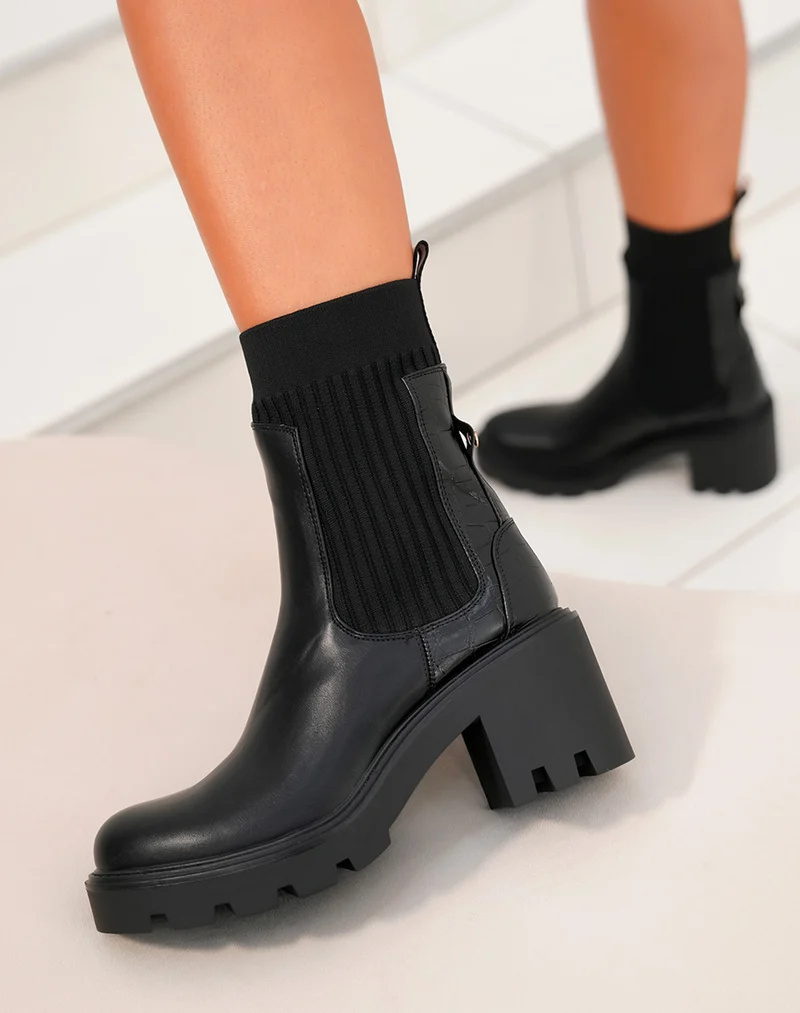 Bottines noires bi-matière style chelsea à talon