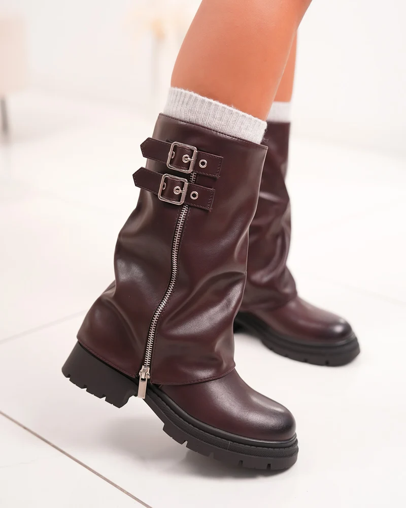 Bottines femme bordeaux à revers et double boucle tendance