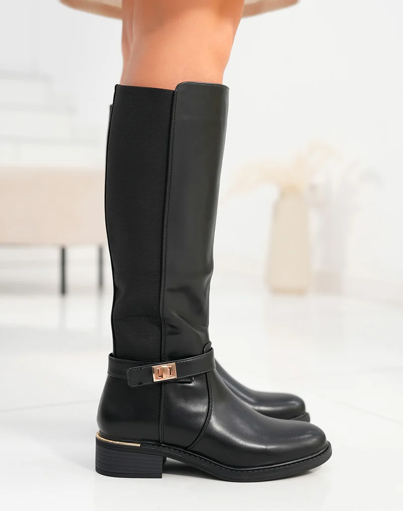 Bottes femme noires élégantes avec petit talon et détails dorés