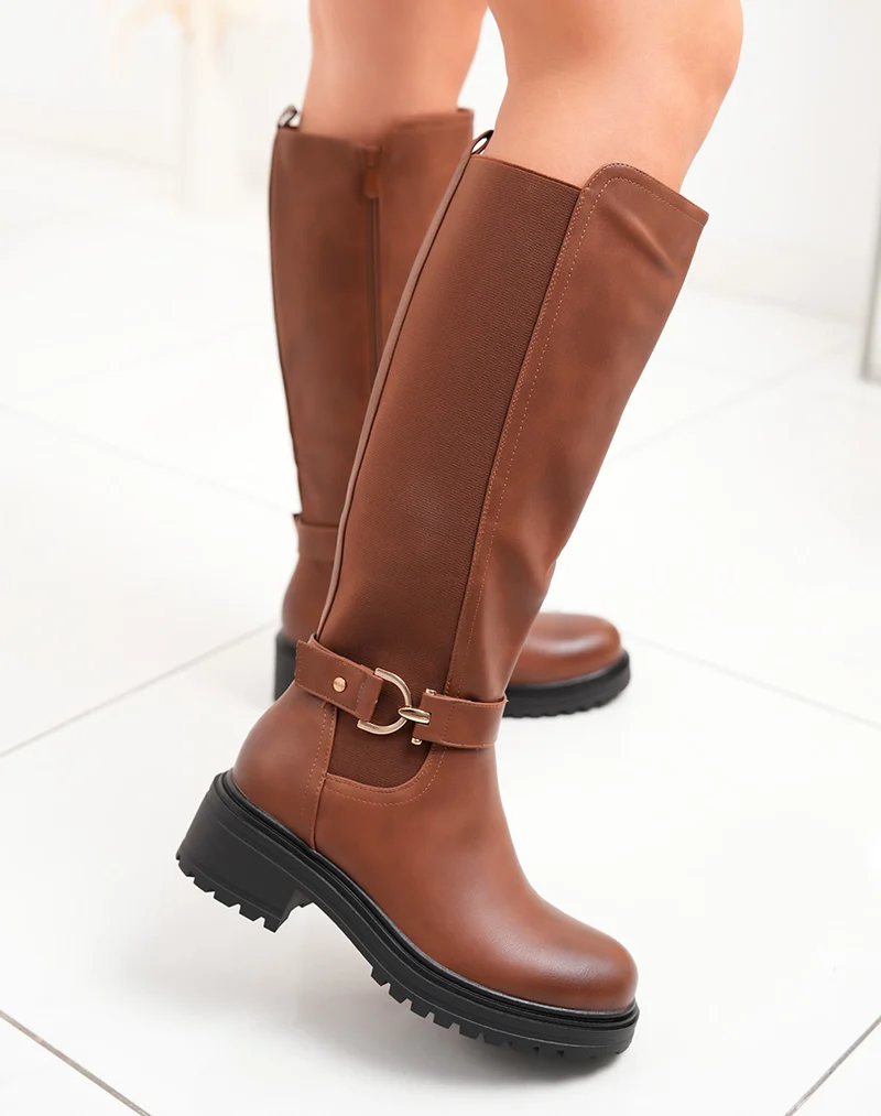 Bottes femme camel à talon cranté et boucle dorée intérieur fourré
