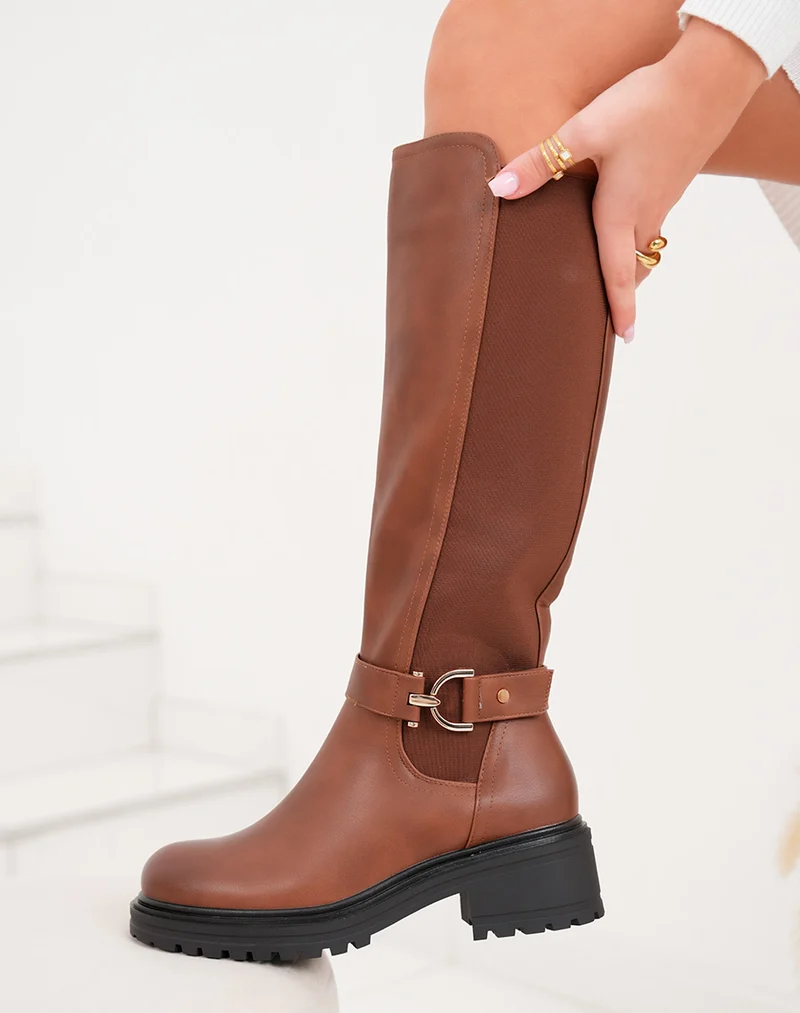 Bottes femme camel à talon cranté et boucle dorée intérieur fourré