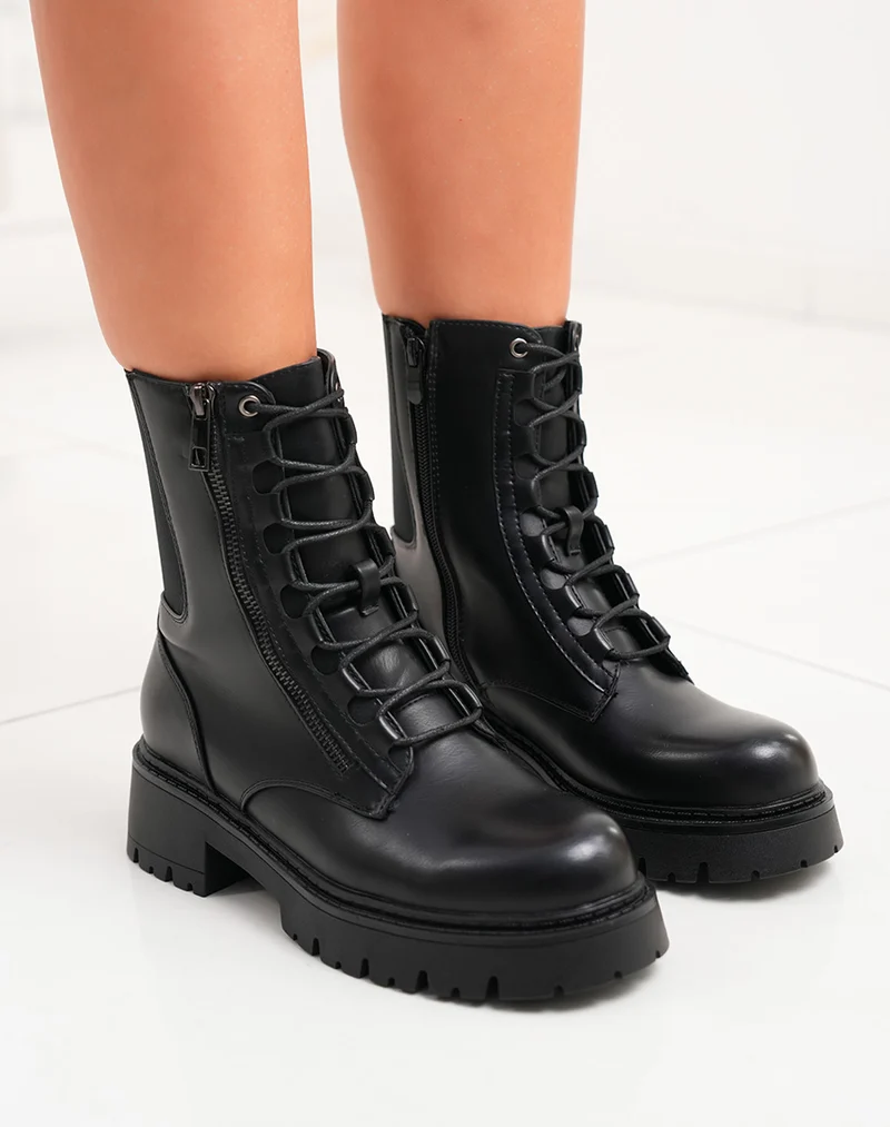 Bottines femme noires à lacets et zip avec plateforme crantée