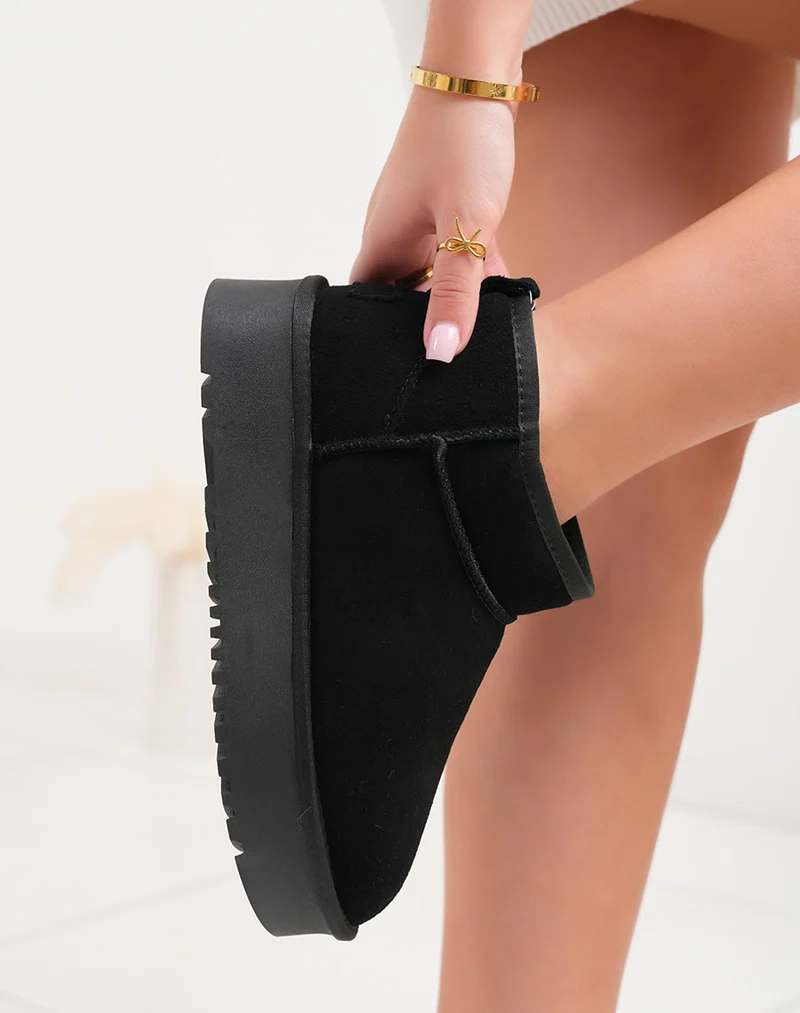 Bottines femme basses en cuir noir fourrées avec plateforme