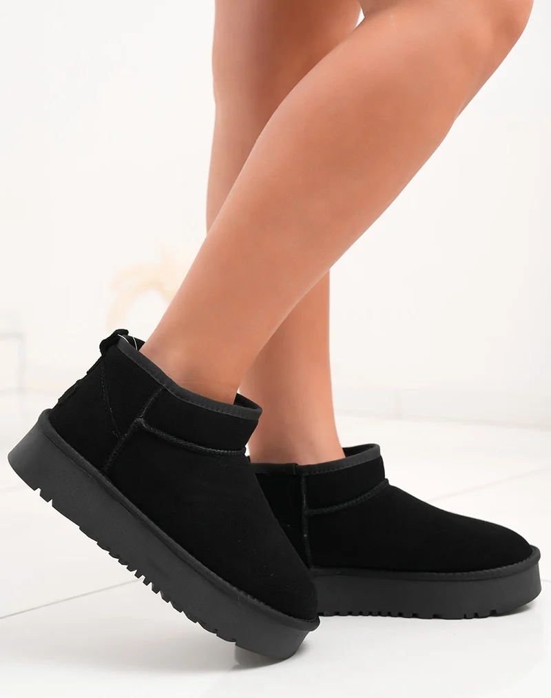 Bottines femme basses en cuir noir fourrées avec plateforme
