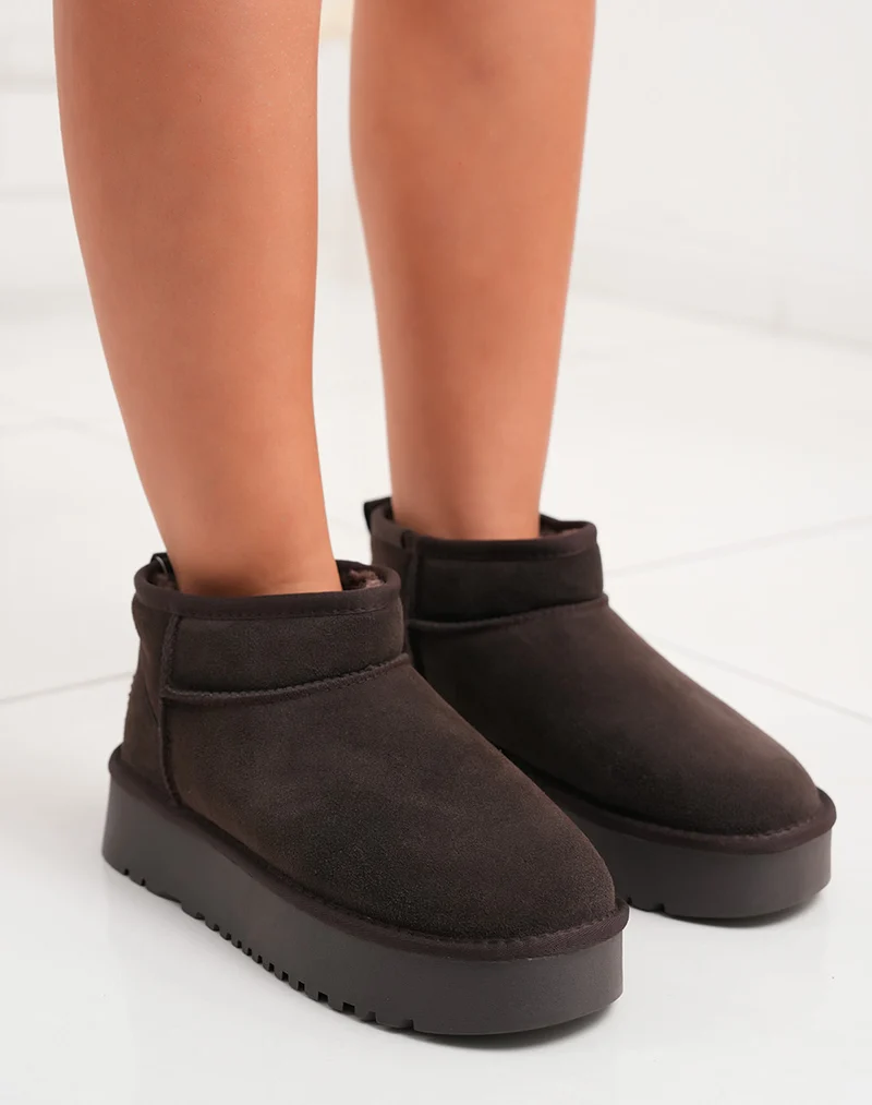 Bottines femme basses en cuir marron fourrées avec plateforme
