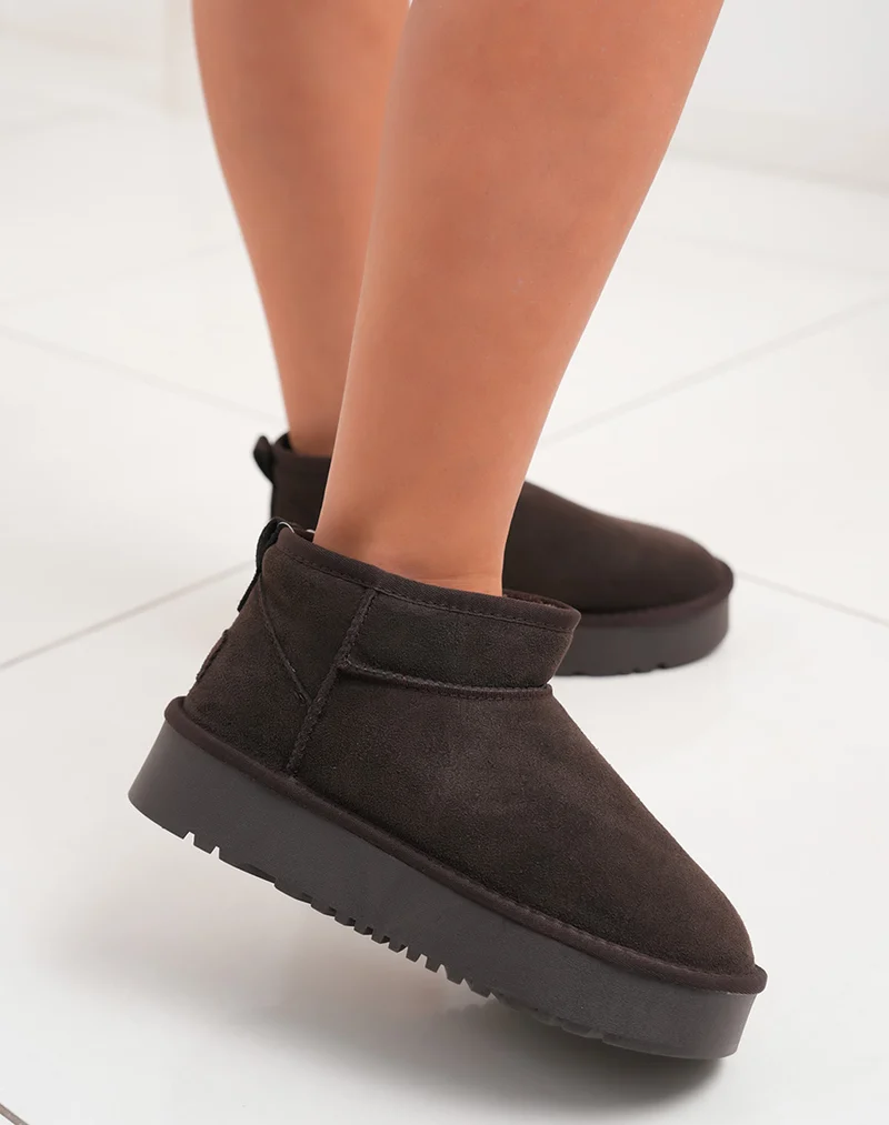 Bottines femme basses en cuir marron fourrées avec plateforme