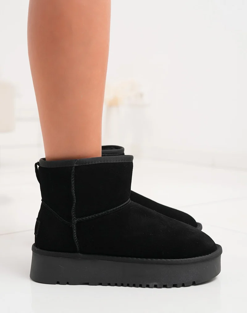 Bottines femme mi-hautes en cuir noir fourrées avec plateforme