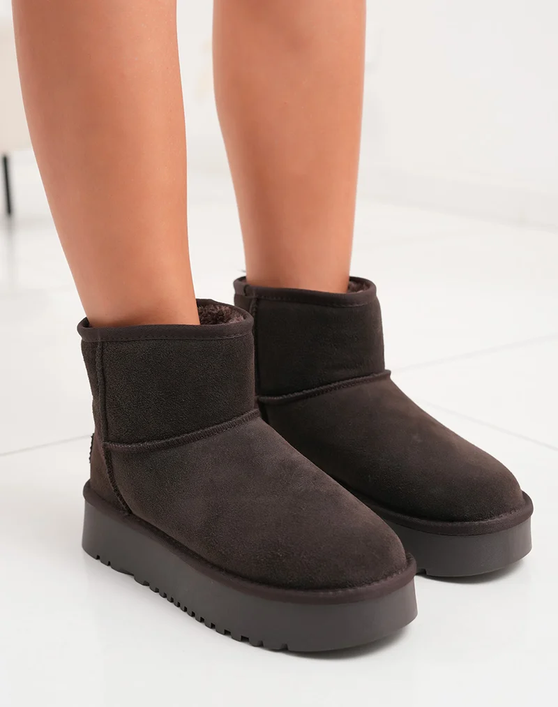 Bottines femme mi-hautes en cuir marron fourrées avec plateforme