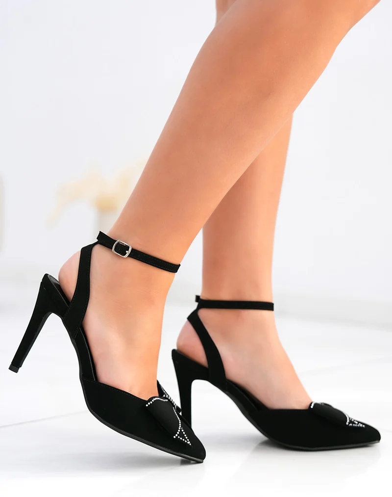 Escarpins femme noirs en suédine avec noeud à strass et talon fin