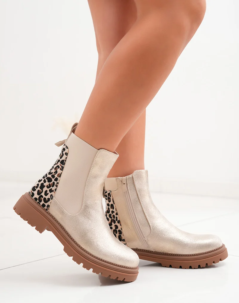 Bottines femme dorées avec empiècement léopard et semelle crantée