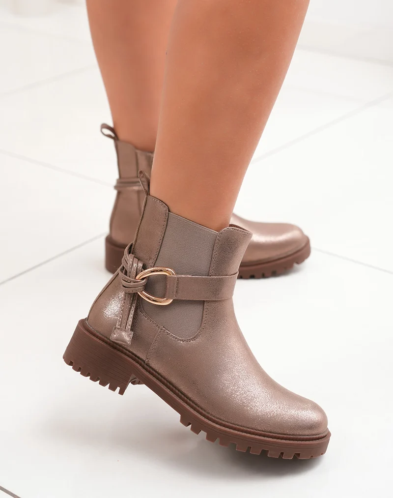 Bottines basses femme bronze irisé bi-matière avec boucle et semelle crantée