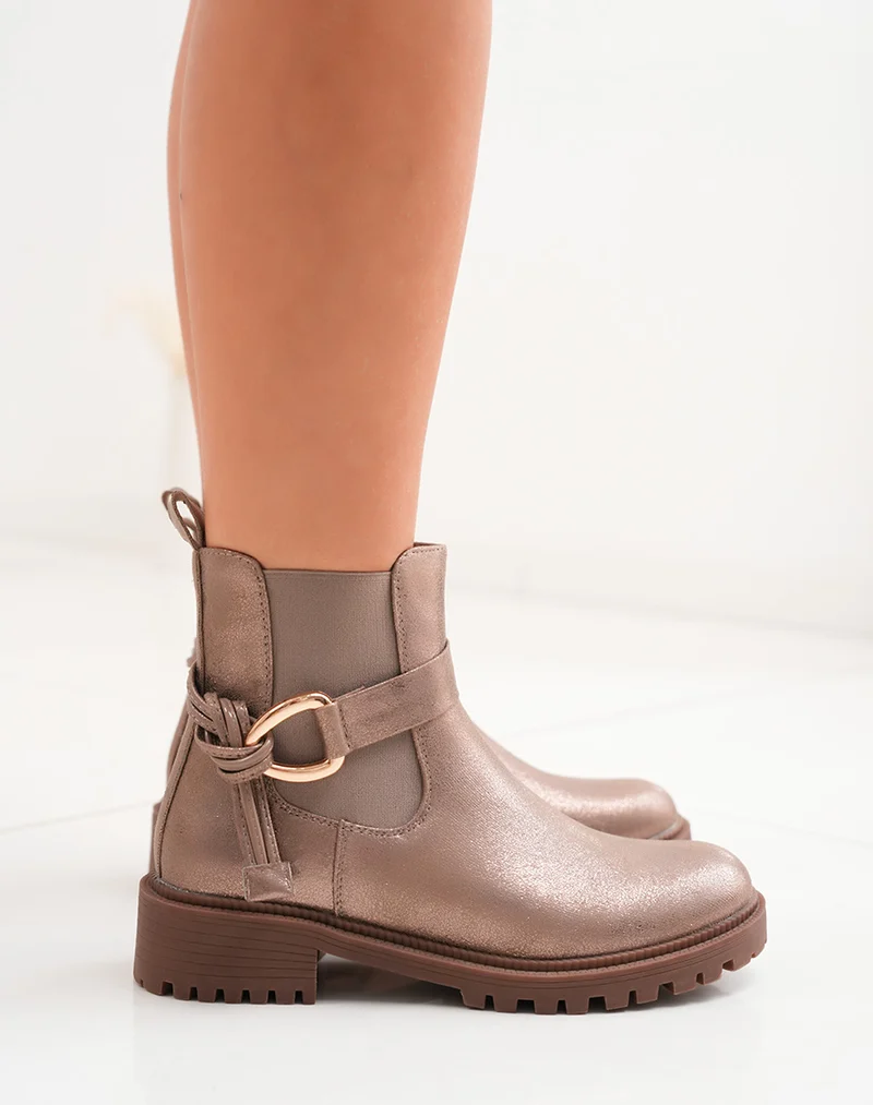 Bottines basses femme bronze irisé bi-matière avec boucle et semelle crantée