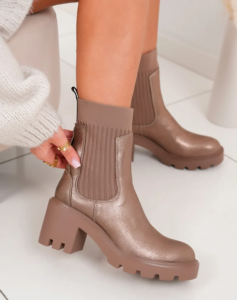 Bottines femme bronze irisé à talon avec élastique et semelle crantée