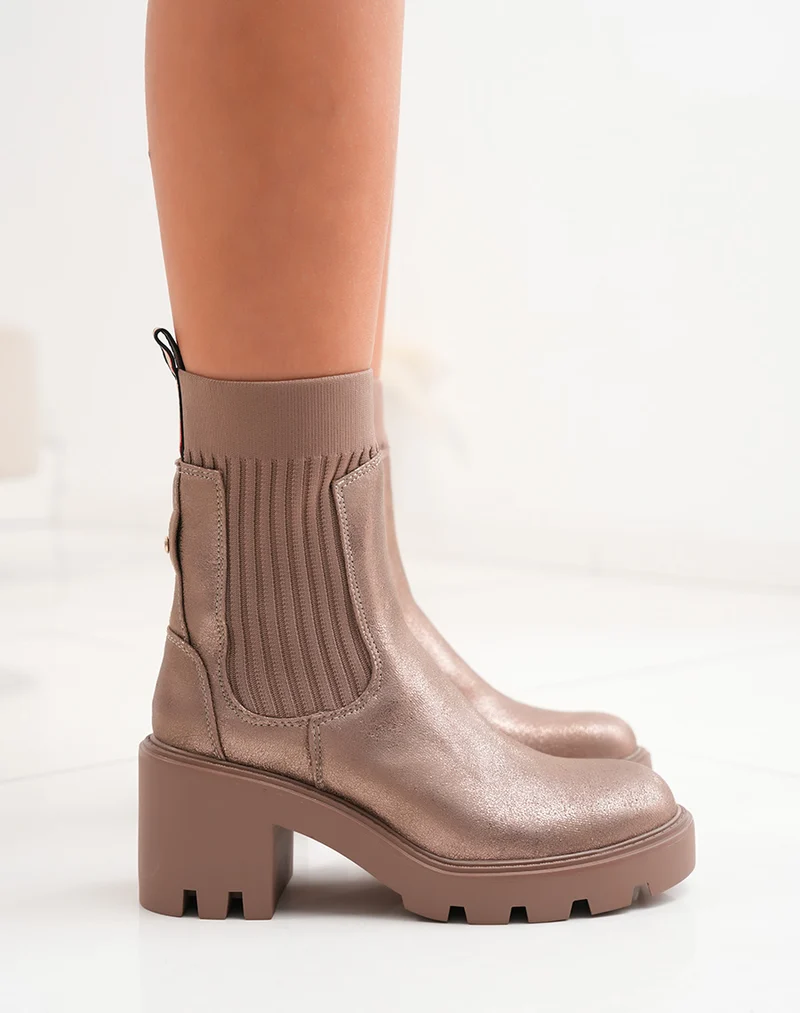 Bottines femme bronze irisé à talon avec élastique et semelle crantée
