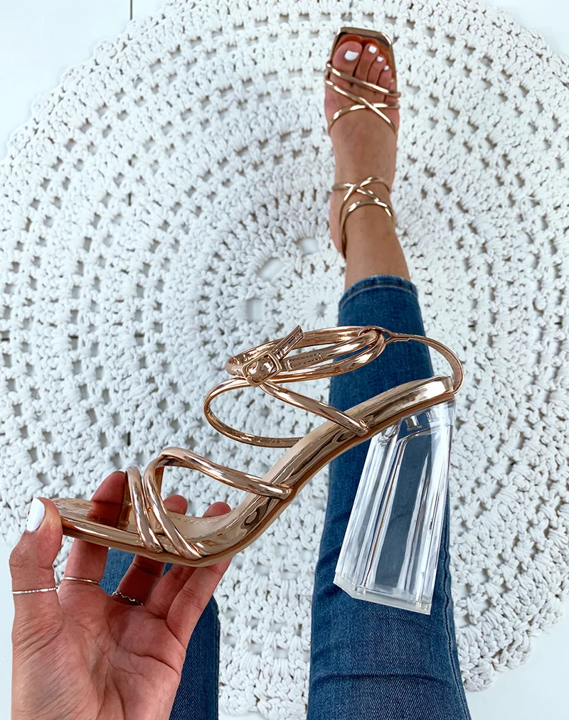 Sandales champagne à talon bloc transparent et brides sexy