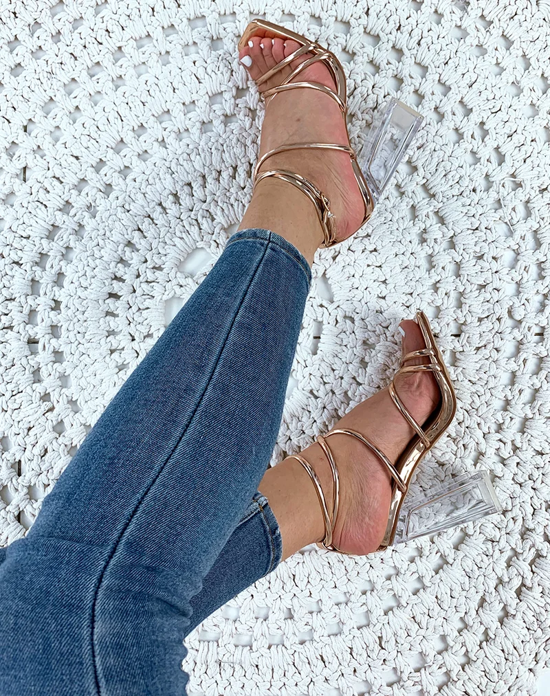 Sandales champagne à talon bloc transparent et brides sexy