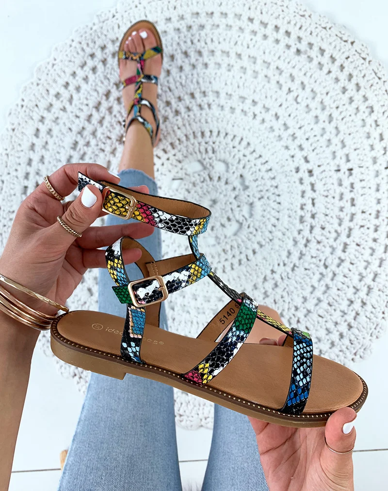 Sandales plates multicolore brides python