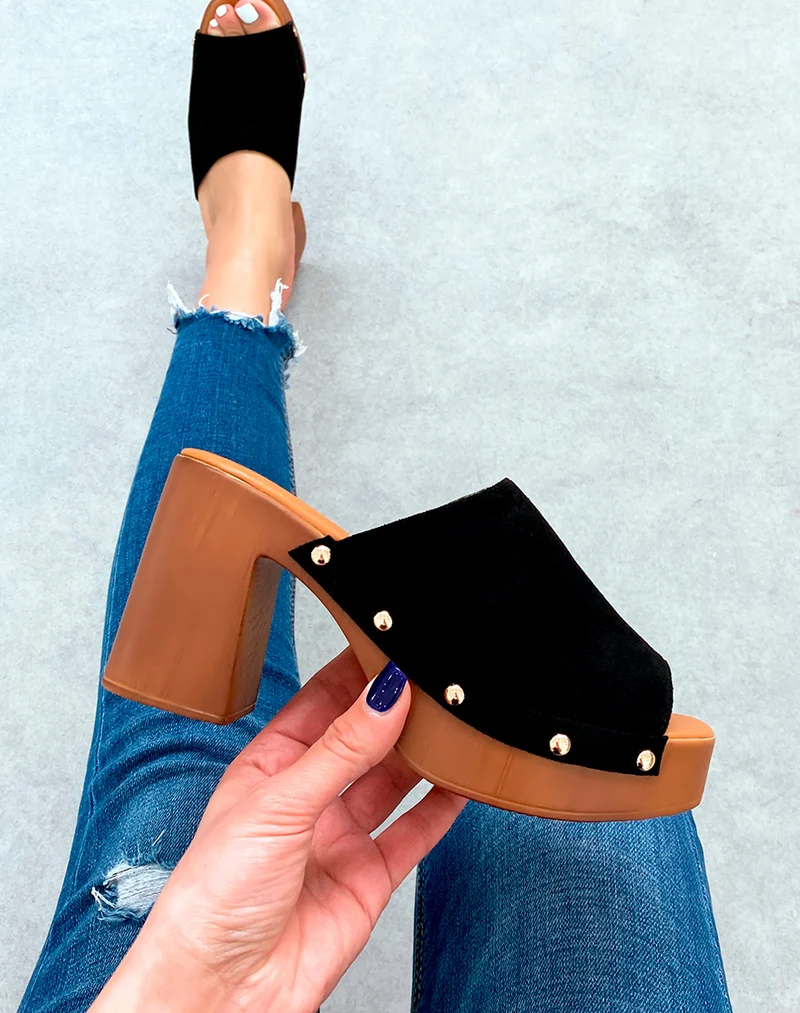 Mules sabots noires à talons carré en suédine