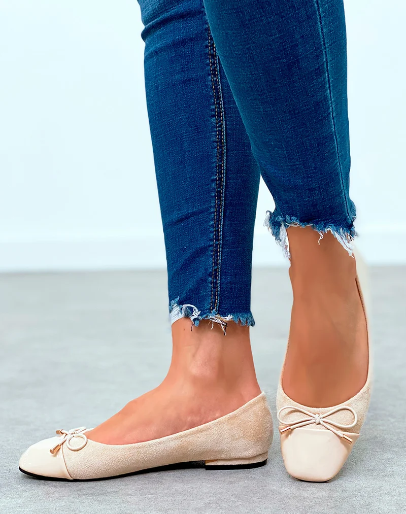 Ballerines beiges en suédine pour femmes à détail nœud