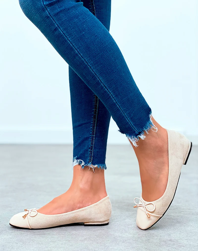 Ballerines beiges en suédine pour femmes à détail nœud