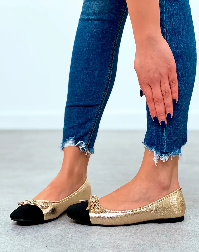 Ballerines dorées grainées pour femmes à détail nœud