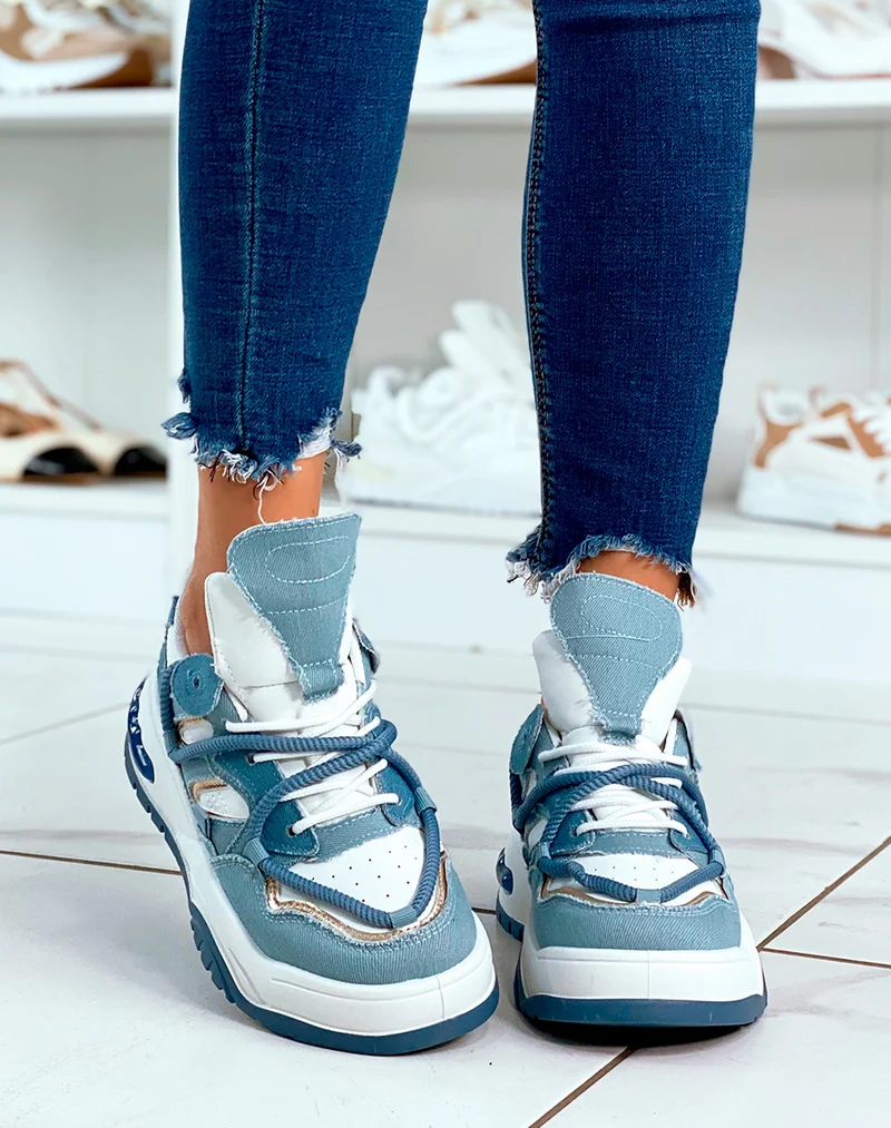 Baskets en jean à multiples détails et lacet en corde